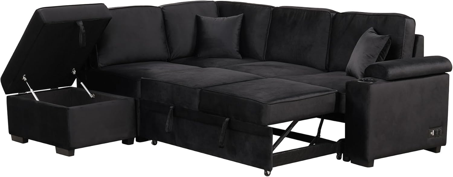 Black 2 in 1 Pull Out L Shape Sleeper Sofa Bed with Storage Ottoman D50902
