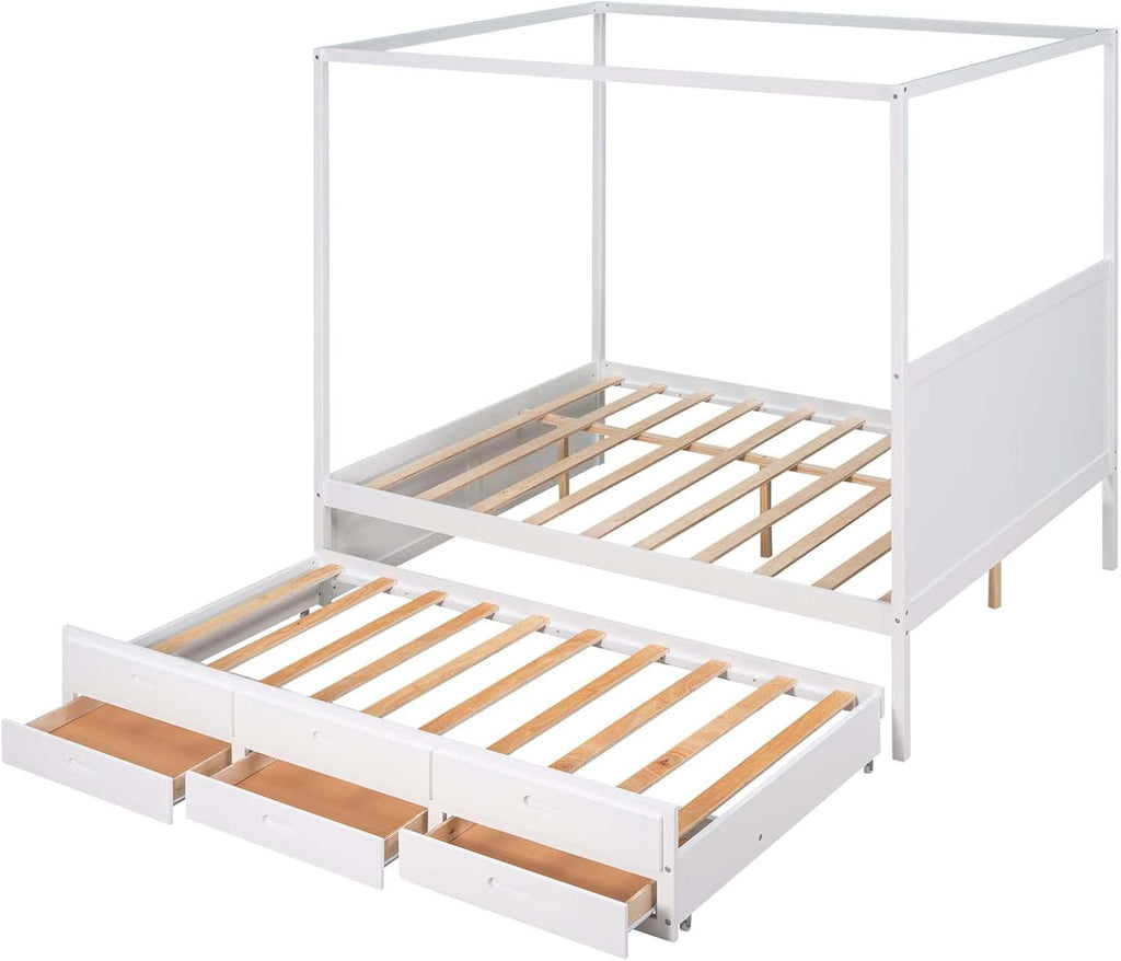 White Queen Size Wood Canopy Platform Bed with Twin Size Trundle Bed and 3 Storage Drawers Z926167
