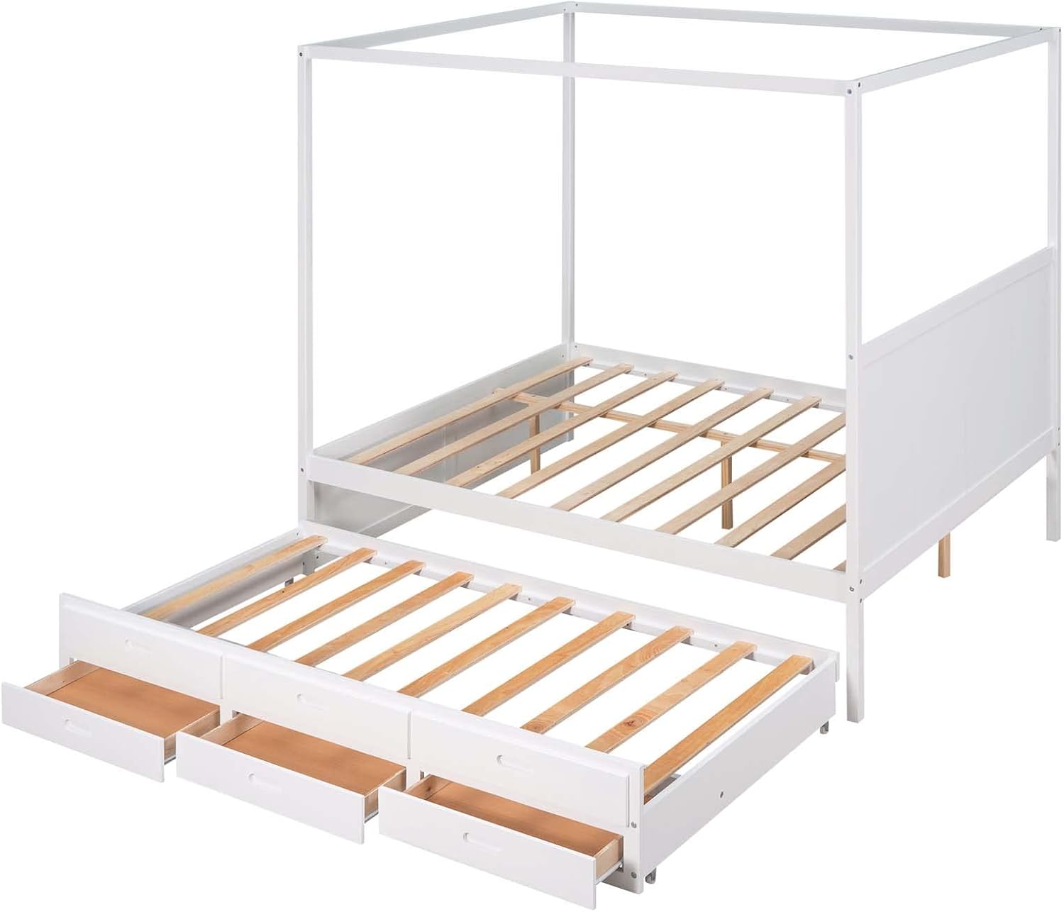 White Queen Size Wood Canopy Platform Bed with Twin Size Trundle Bed and 3 Storage Drawers Z926167