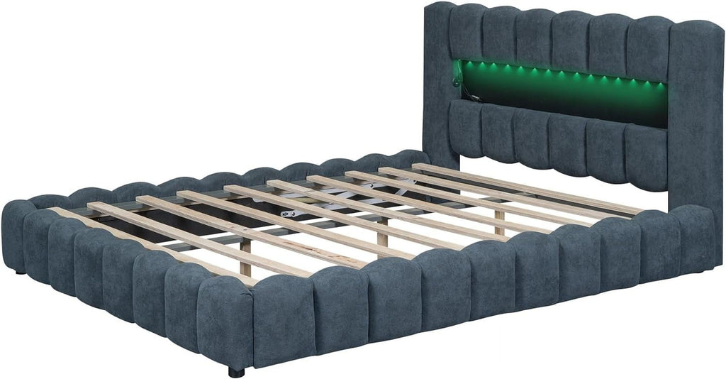 Deep Blue Linen Queen Size Bed with Lift Up Storage Q5927