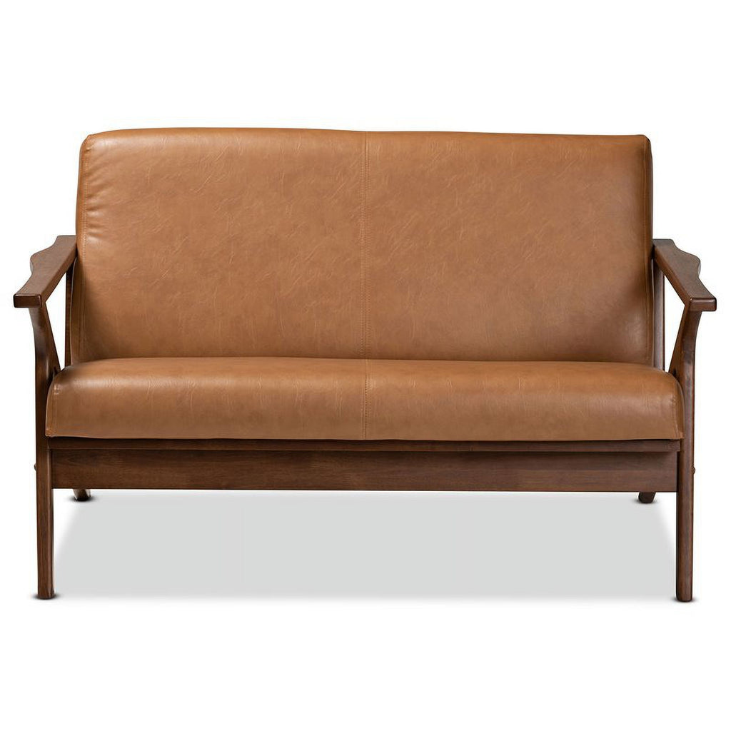 Walnut Brown/Tan Wood Faux Leather Loveseat R7179