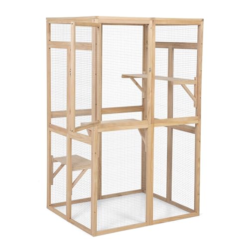 Extra Large Outdoor Wooden Cat Cage Waterproof Roof Catio with 7 Platform and 2 Resting Box (Orange) D81646
