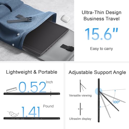 15.6-inch FHD 1080P HDR IPS Portable Monitor with Kickstand & Speakers USB-C HDMI O83323