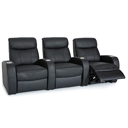 Black Top Grain Leather Powered Recline Row of 3 Home Theater Seating L5851