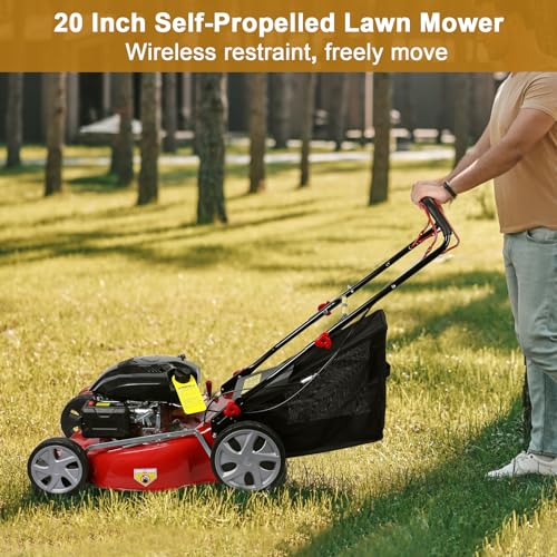 20-Inch Gas Push Lawn Mower, 141CC 4-Cycle Engine, Self Propelled, Side Discharge, High Rear Wheels, 7-Position Single Wheel Height Adjustment (Red) R615
