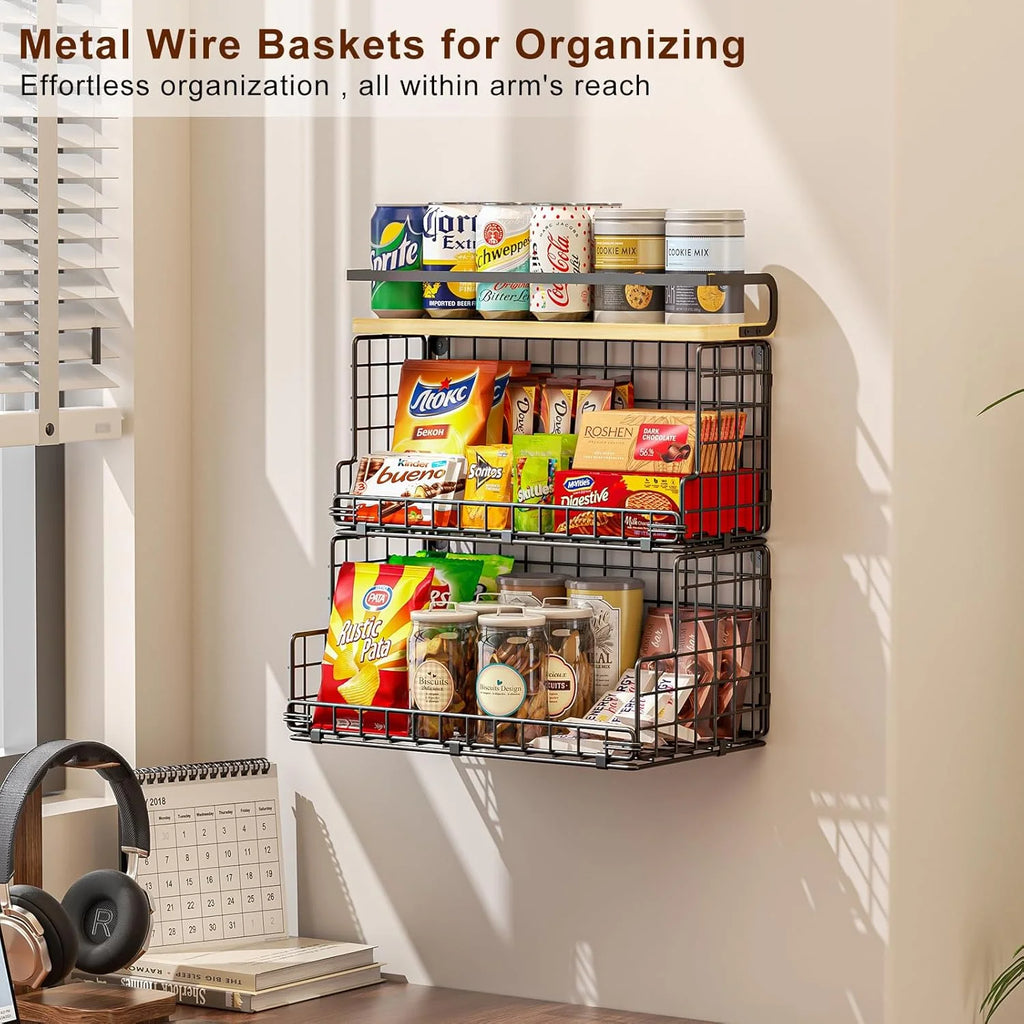 Black 3-Tier Stackable Snack Organizer with Pine Wood Top W44135