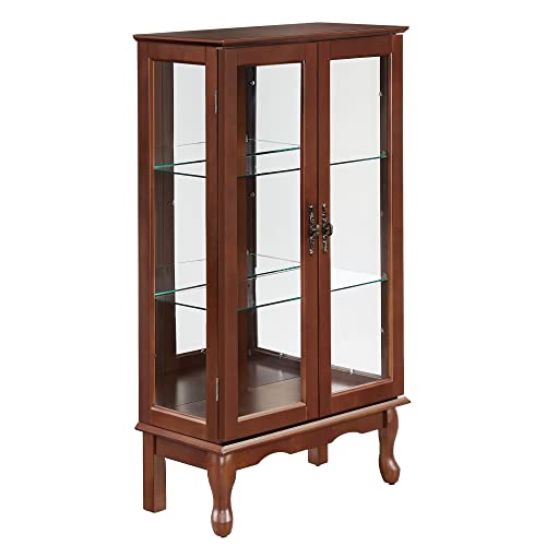 Walnut Wooden Curio Display Cabinet with 3-Tier Adjustable Shelves Tempered Glass N17567