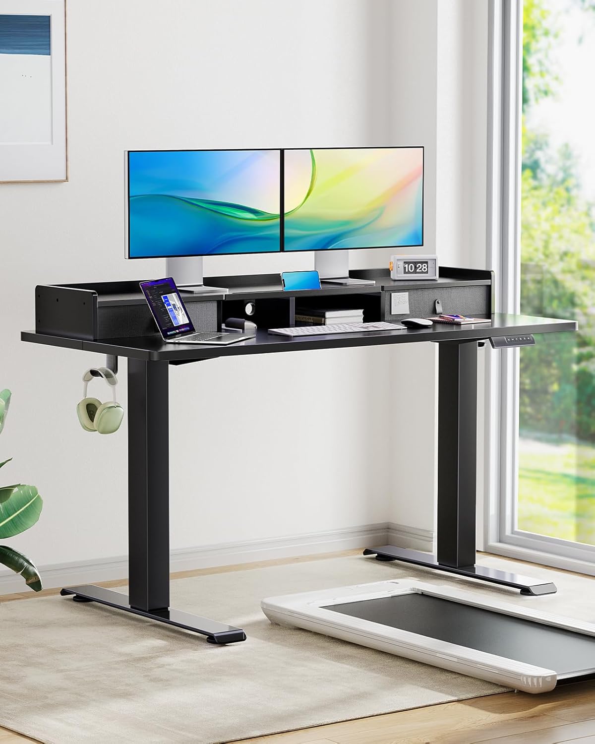 Black 55 x 24 Inches Height Adjustable Electric Standing Desk with Dual Drawers W313
