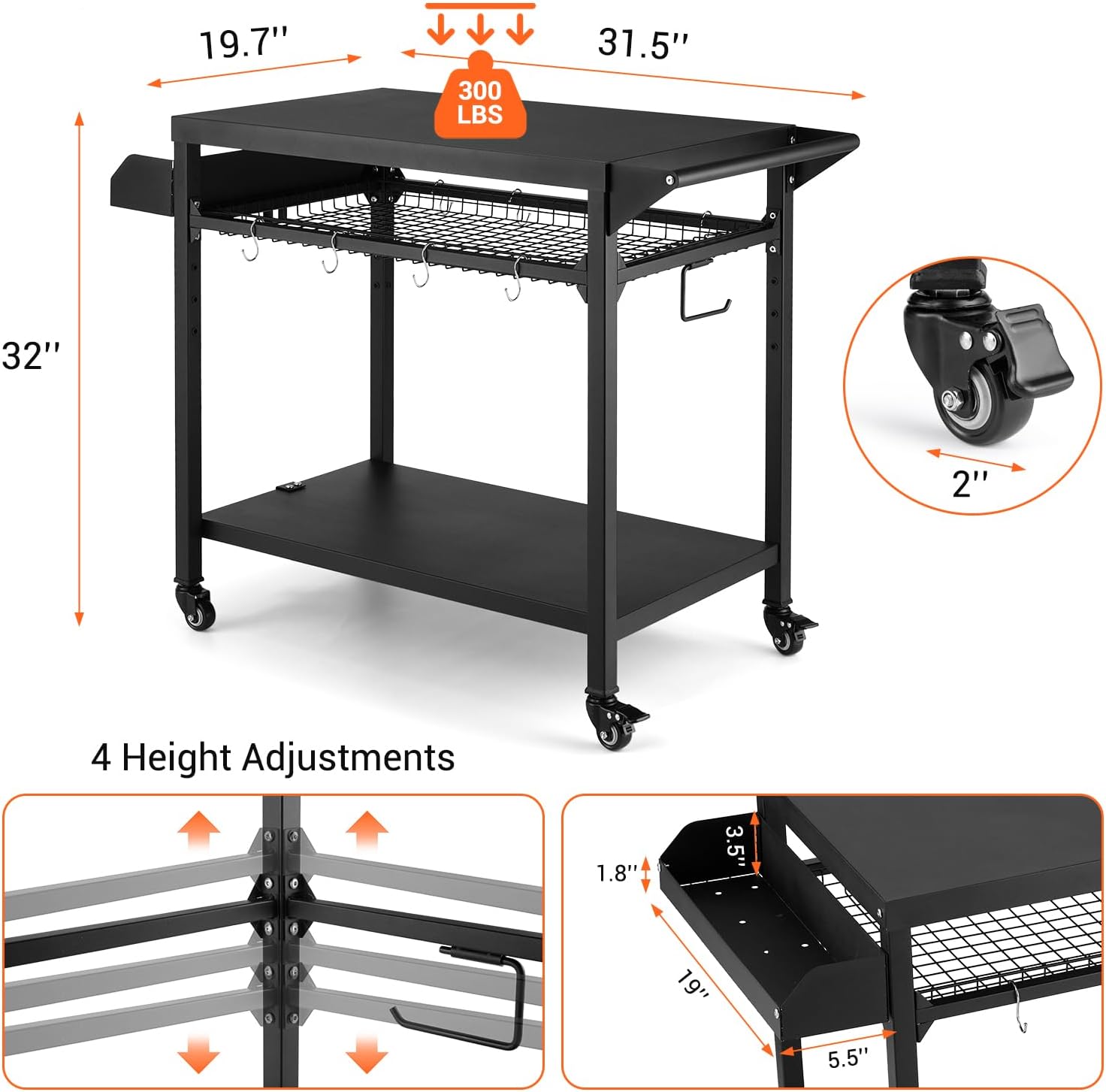 Black Outdoor Grill Cart with Mesh Racks H640