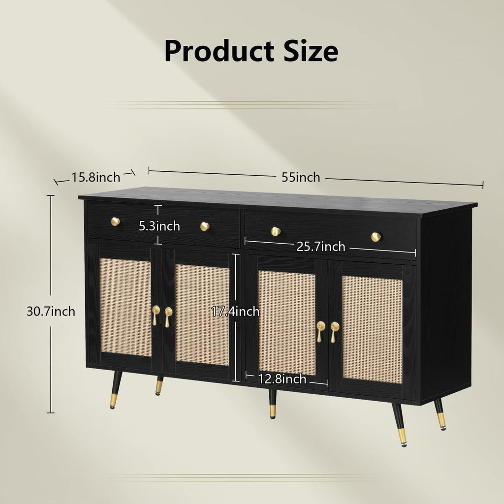 Black Sideboard Storage Cabinet with 4 Rattan Doors and 2 Drawers G3589