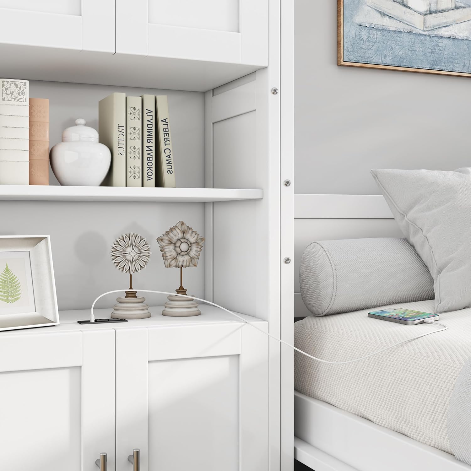 White Full Size Wooden Murphy Bed with Desk and Side Cabinet Storage Shelf G7963