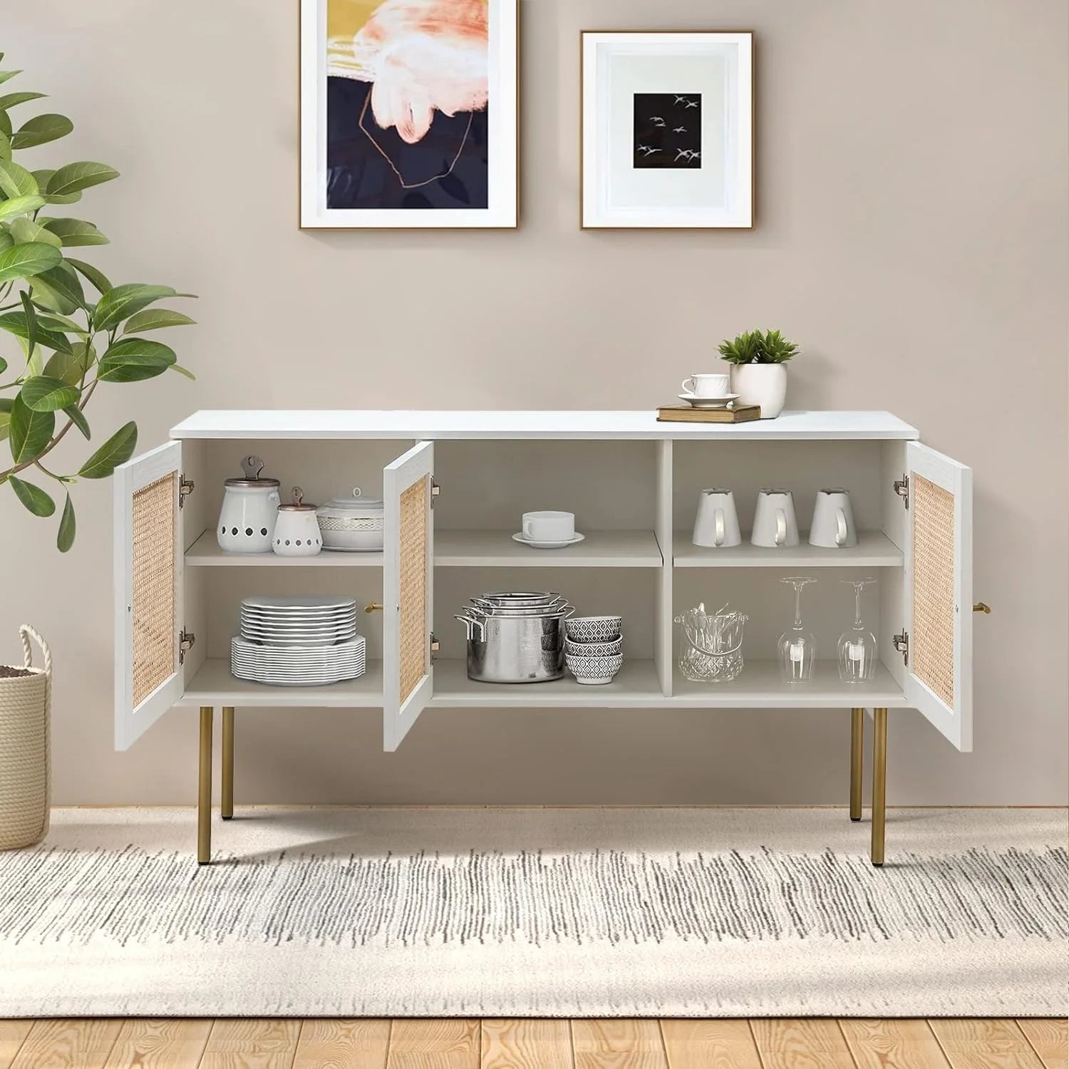 White 3 Door Sideboard Buffet Cabinet with Adjustable Shelves W5374