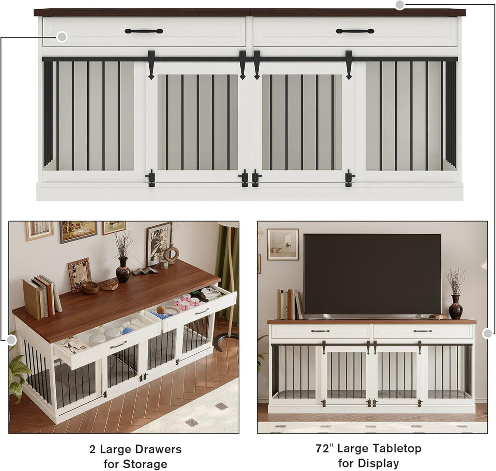 White Wooden Dog Kennel with Sliding Barn Doors and 2 Drawer M679762