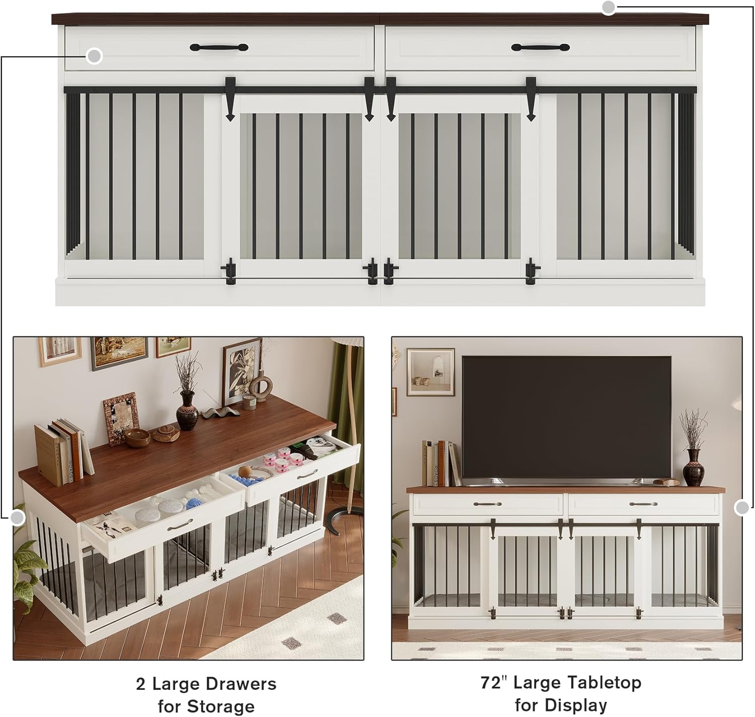 White Wooden Dog Kennel with Sliding Barn Doors and 2 Drawer M679762