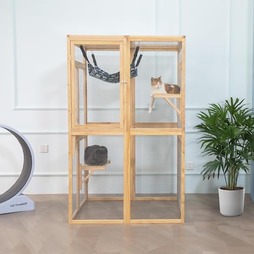 Extra Large Outdoor Wooden Cat Cage Waterproof Roof Catio with 7 Platform and 2 Resting Box (Orange) D81646
