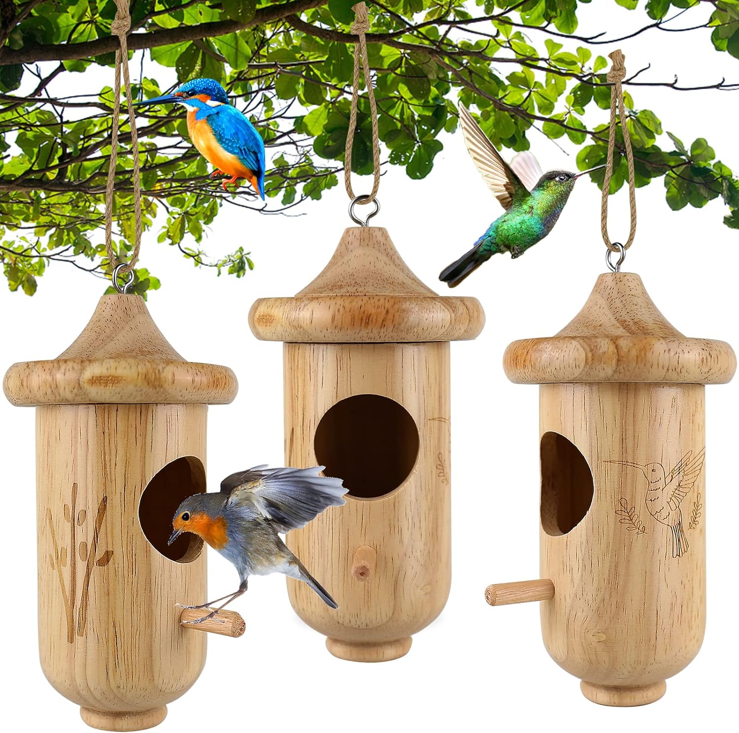 3 Pack Wooden Hummingbird House with Hemp Ropes K46140