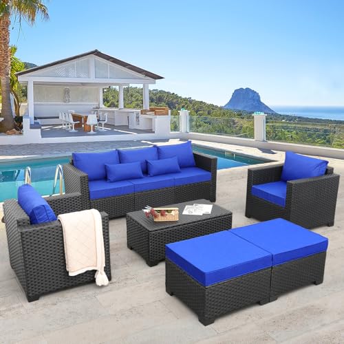 6 Piece HDPE Wicker Patio Conversation Sofa Set with Grey Cushions N65525