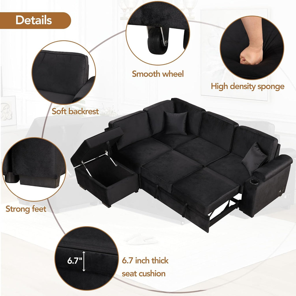 Black 2 in 1 Pull Out L Shape Sleeper Sofa Bed with Storage Ottoman D50902