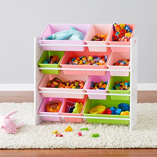 White Wood Kids Toy Storage Organizer with 12 Plastic Pink Bins E89362