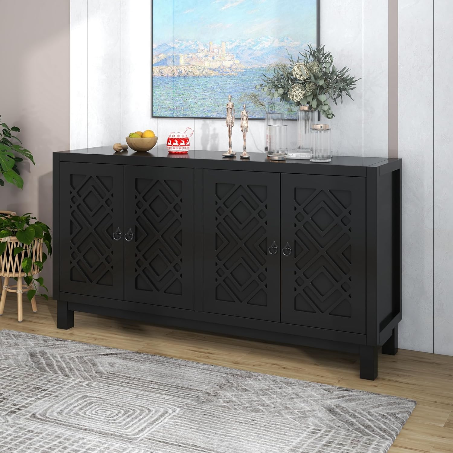 Black 4 Door Storage Cabinet with Pull Ring Handles A86613
