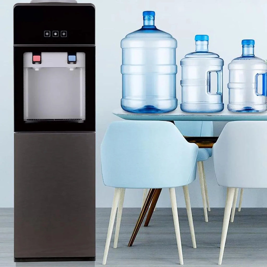 Top-Loading Water Dispenser for 5 Gallon Bottles, Hot & Cold Water Cooler with Storage Cabinet & Glass Door, Gray Y79674