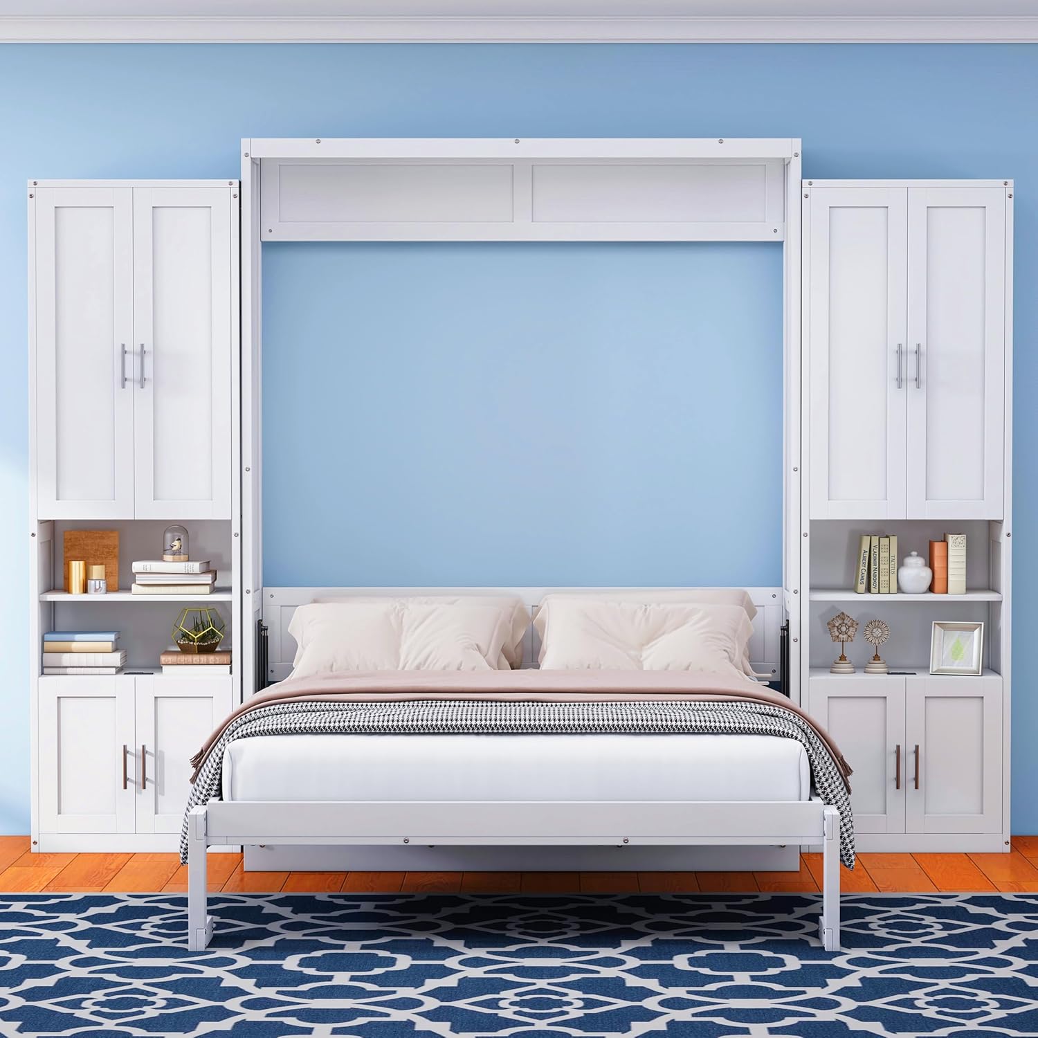 White Full Size Wooden Murphy Bed with Desk and Side Cabinet Storage Shelf G7963