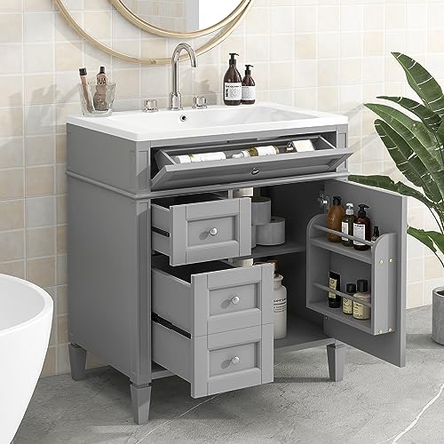 30inch Bathroom Vanity with Sink, 2 Drawers and a Tip-Out Drawer, White B744991