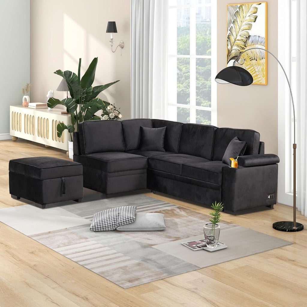 Black 2 in 1 Pull Out L Shape Sleeper Sofa Bed with Storage Ottoman D50902