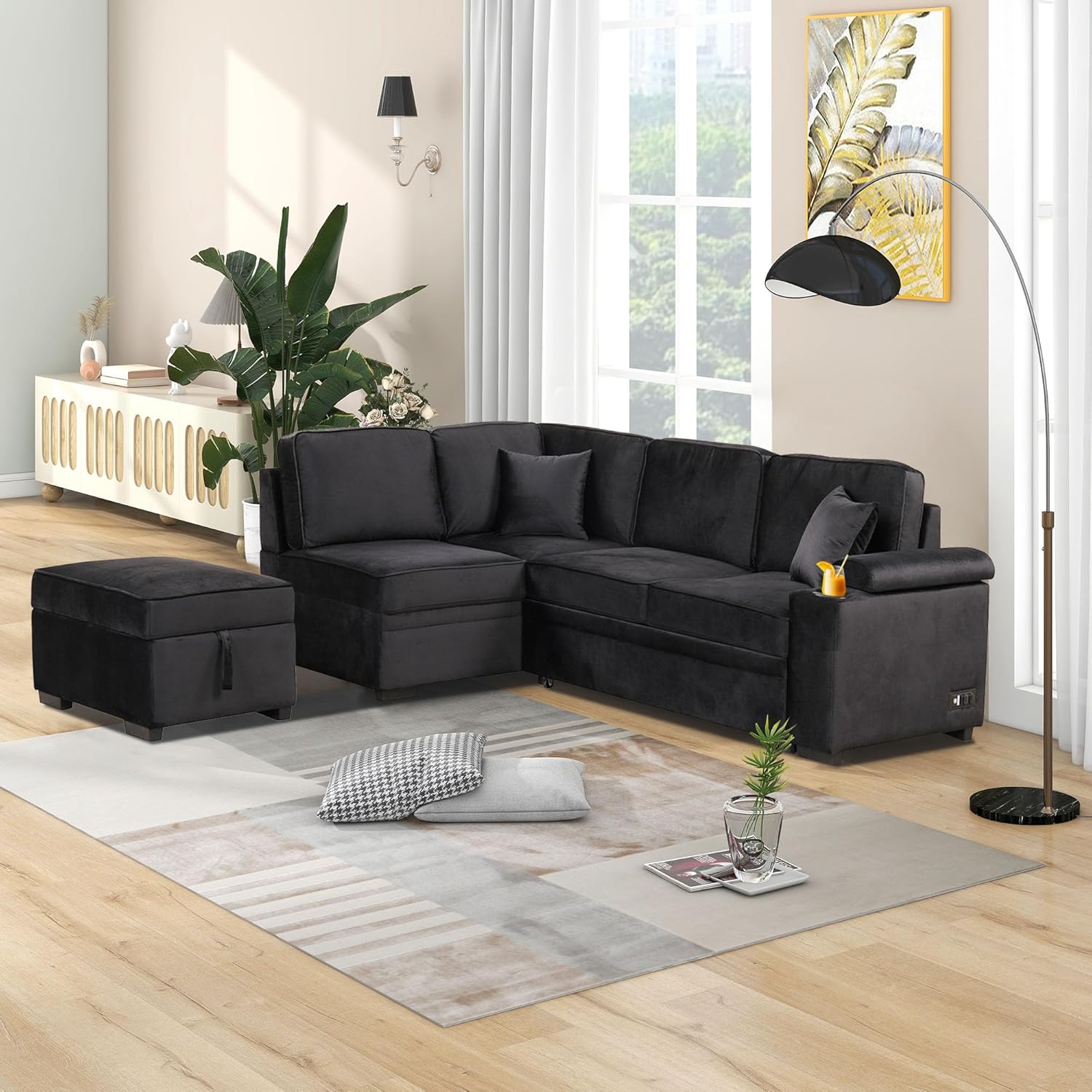Black 2 in 1 Pull Out L Shape Sleeper Sofa Bed with Storage Ottoman D50902