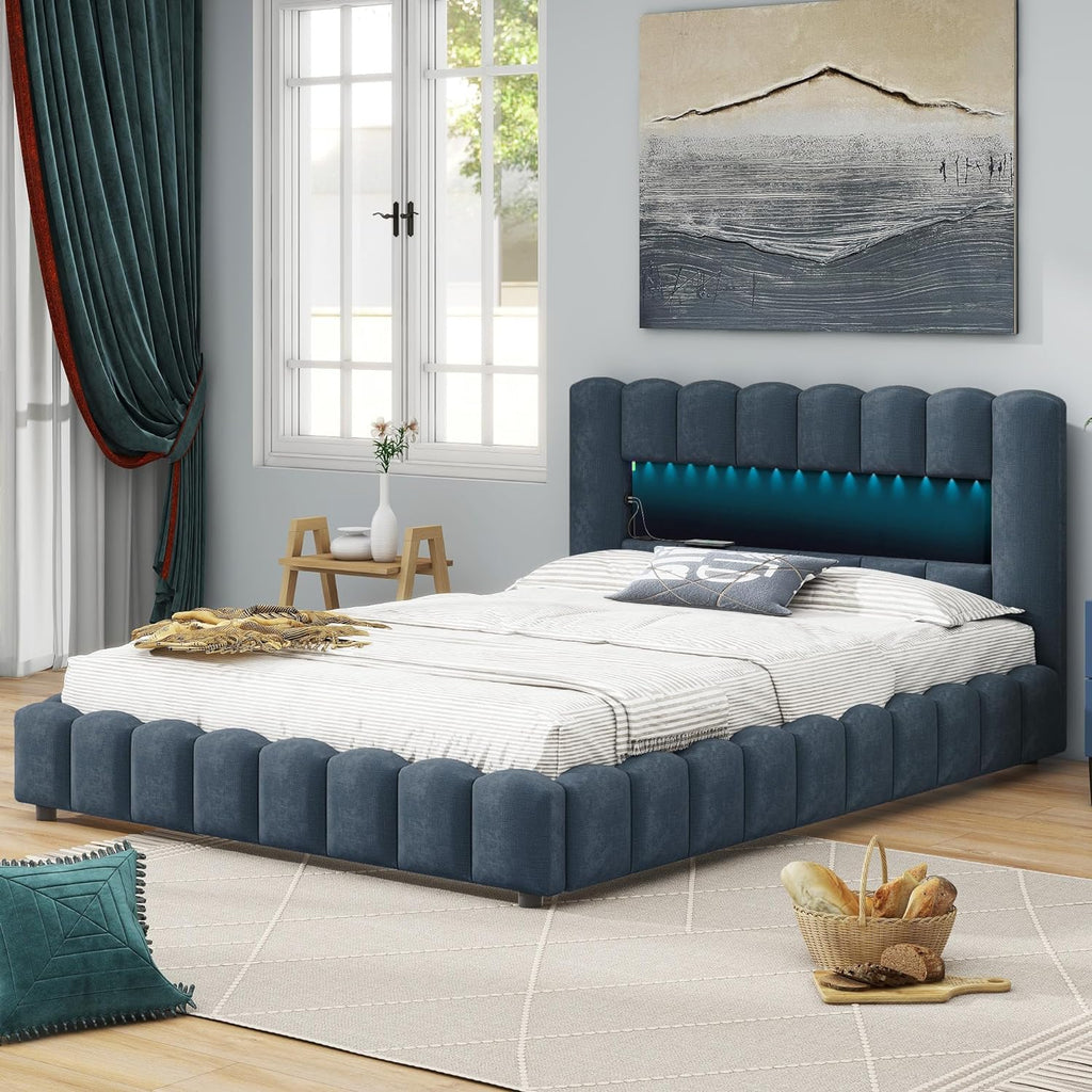 Deep Blue Linen Queen Size Bed with Lift Up Storage Q5927