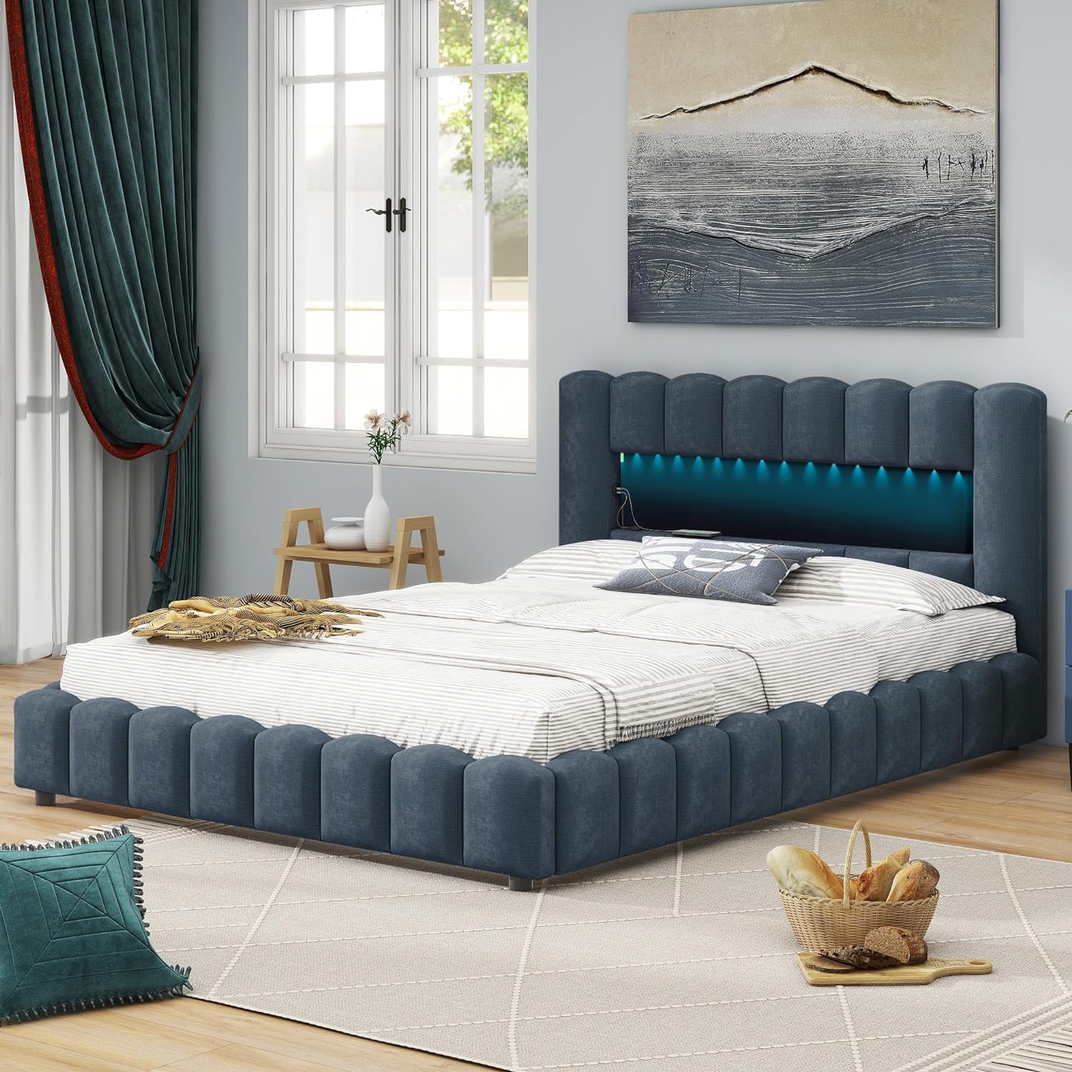 Deep Blue Linen Queen Size Bed with Lift Up Storage Q5927