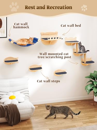 Cat Wall Shelves Set with Hammock Perches Sisal Scratching Post O240078