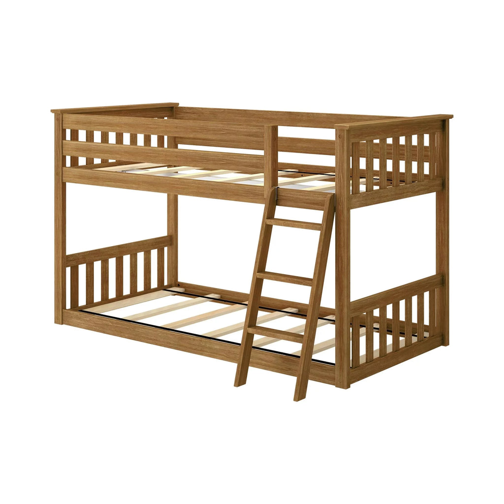 Twin over Twin Solid Wood Low Bunk Bed with Ladder, Pecan Z524569
