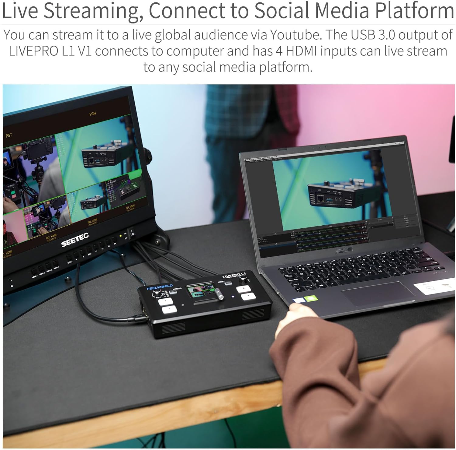 Multi Camera Video Mixer Switcher 2 Inch LCD Display 4 x HDMI Inputs USB 3.0 Output D9023