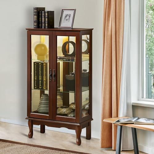 Walnut Wooden Curio Display Cabinet with 3-Tier Adjustable Shelves Tempered Glass N17567